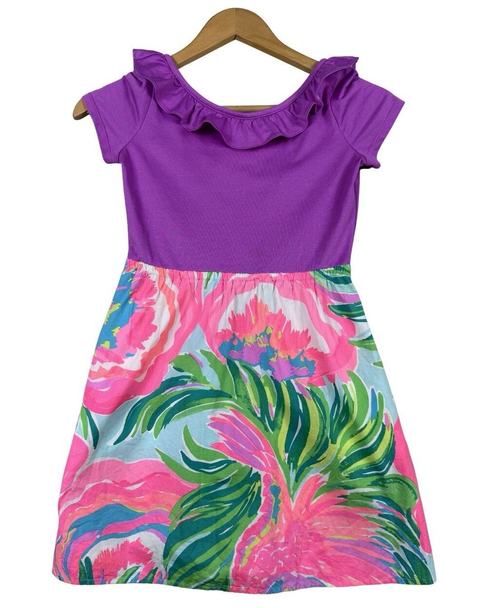 Lilly‎ Pulitzer Girls Brit Dress Large Tropical Floral Ruffle Dress Pink Purple